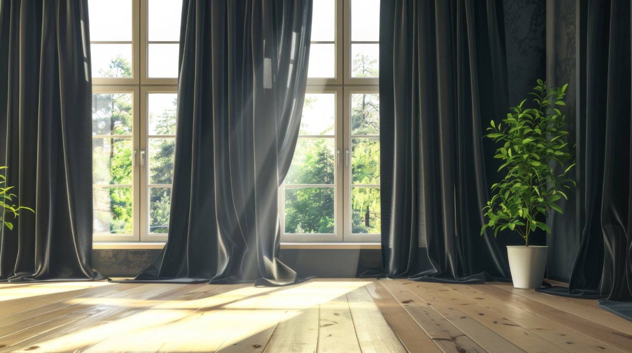 Black custom drapery in a home near Gresham and Portland, OR