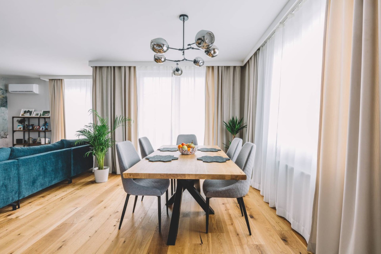 Modern dining room featuring dining room drapes near Gresham and Portland, OR