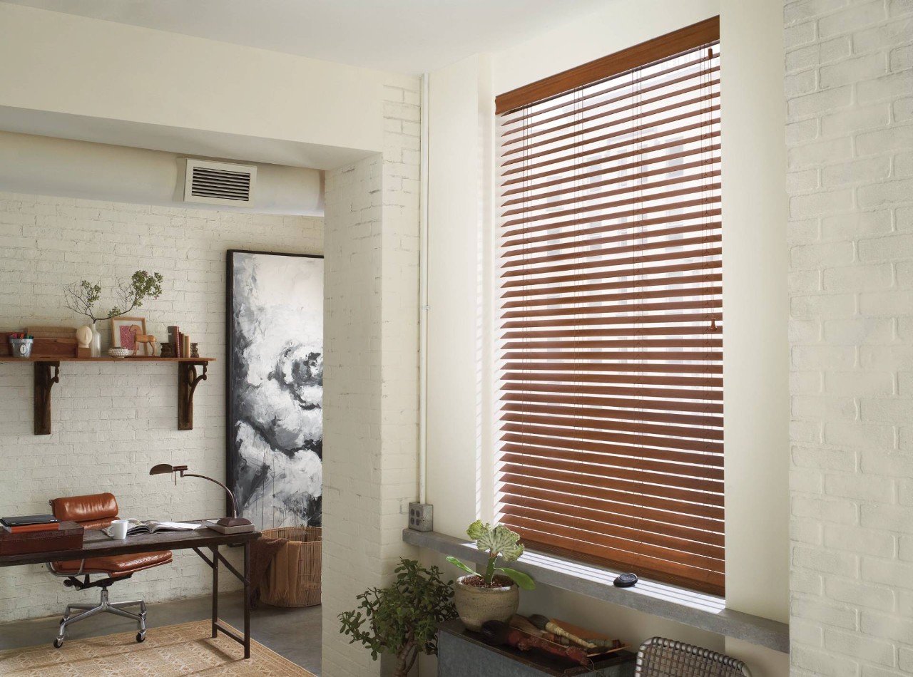 Electric blinds for windows blocking light in a home office near Gresham and Portland, OR