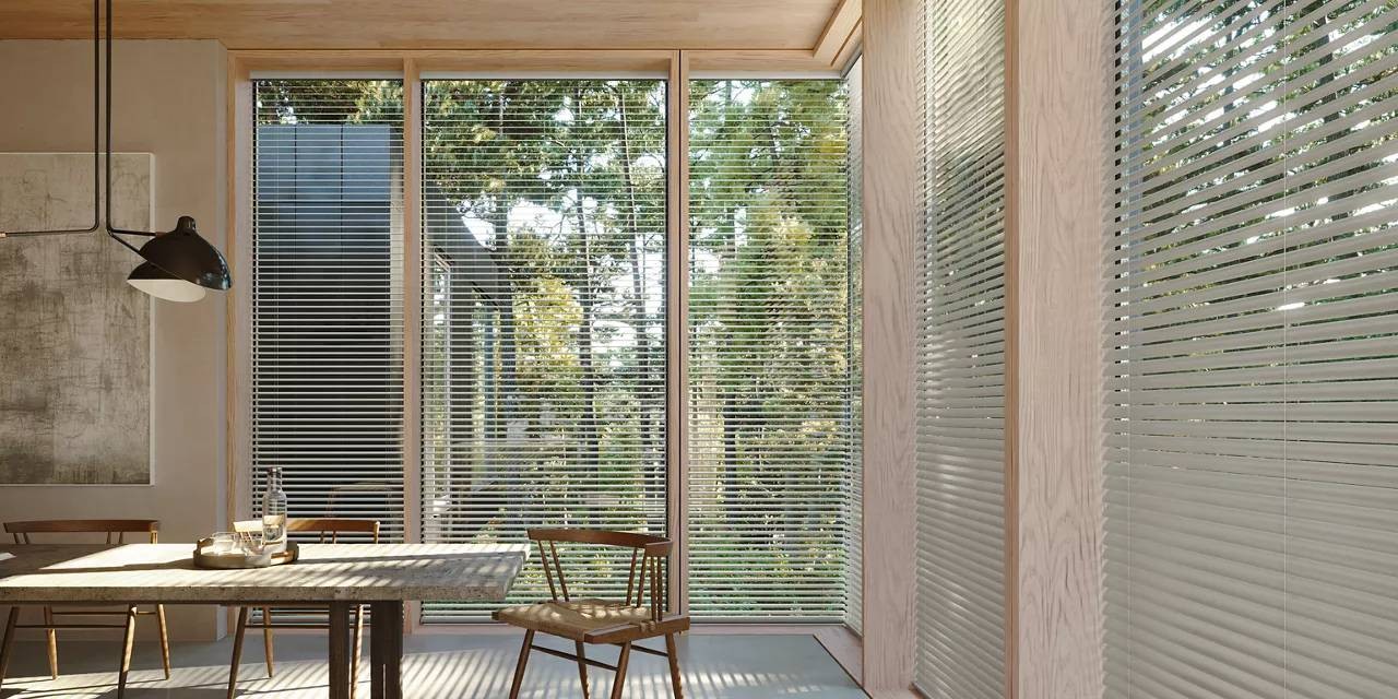 Modern Precious Metals® Mini Blinds as French door window treatments near Gresham and Portland, Oregon (OR)