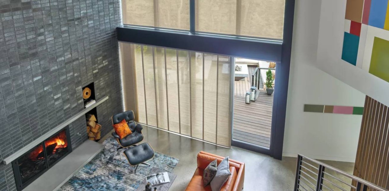 Hunter Douglas Skyline® Panel-Track Blinds covering a patio door near Gresham and Portland, OR