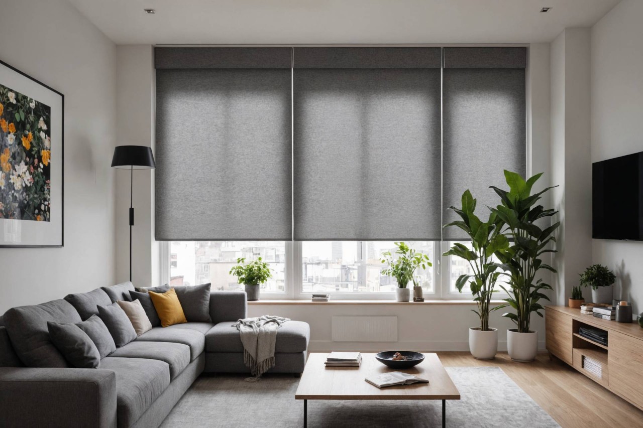 Contemporary living room with gray cordless window shades at Cindy's & Bolliger Window Fashions near Gresham, OR