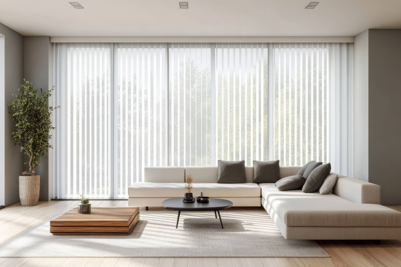 Vertical blinds for windows in a living room near Gresham and Portland, OR