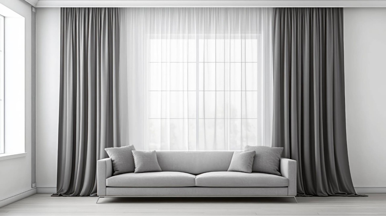 Modern gray living room with custom drapery at Cindy's & Bolliger Window Fashions near Gresham, OR