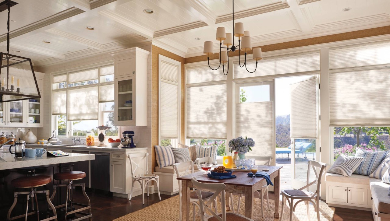 Kitchen with patio doors covered with patio door shades at Cindy's Window Fashions near Gresham, OR