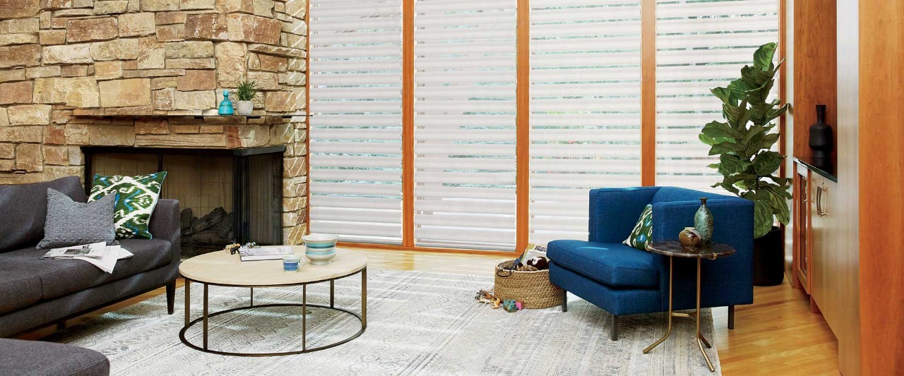 Traditional living room with blue accent chair and Pirouette window shades.